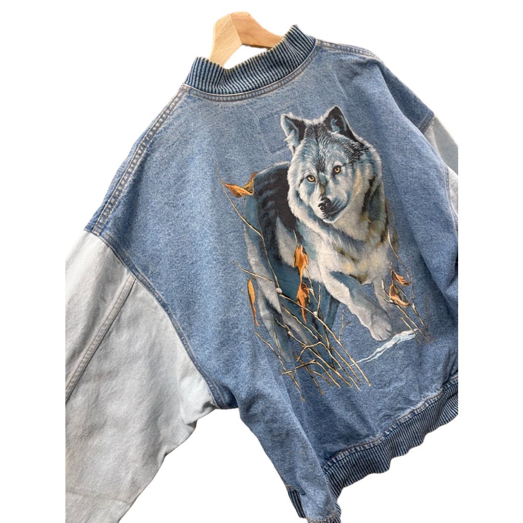 Vintage 1990's International Denim Wolf Print Two-Tone Denim Varsity Jacket
