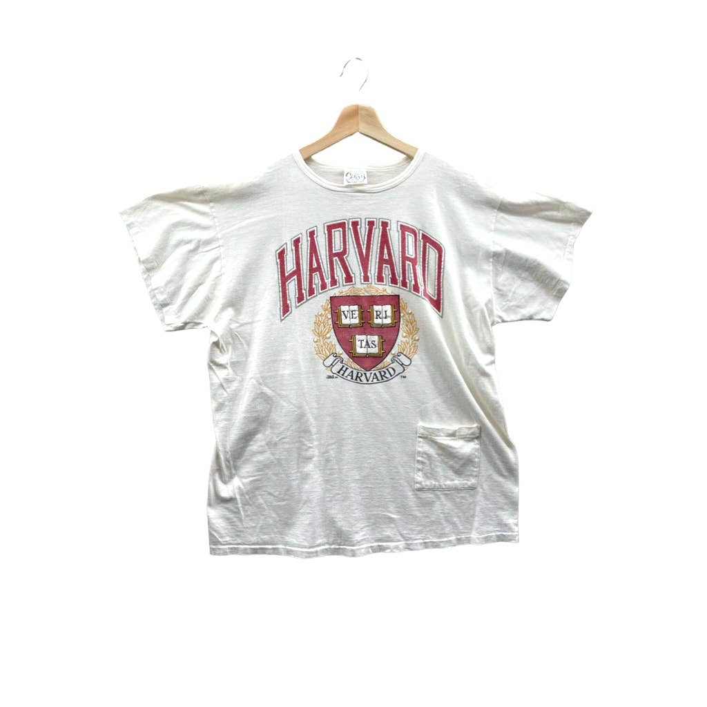 Vintage 1990's Harvard University College Crest Logo Pocket T-Shirt