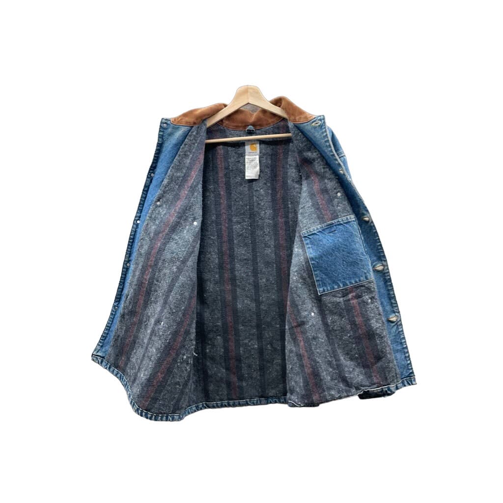Vintage 1990's Carhartt Distressed Denim Blanket Lined Chore Jacket